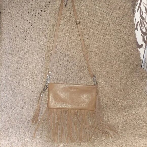 RUDSAK Handbags - RUDSAK-Crossbody/Wristlet/Shoulder-Taupe Brown Leather-Fringed-Near Mint